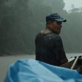 A river guide looks back from a canoe in heavy rain on the Tahuayo River in the Peruvian Amazon, filmed by Ayni Studios for Amazonia Expeditions. A river guide looks back from a canoe in heavy rain on the Tahuayo River in the Peruvian Amazon, filmed by Ayni Studios for Amazonia Expeditions.