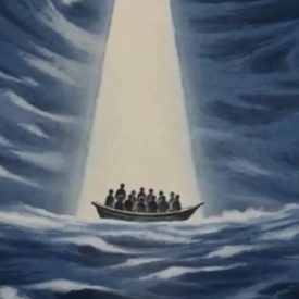 A painted frame from The Surgeon Who Crossed the Sea, a legacy film Ayni Studios animated from a surgeon's recorded narration: a small boat of people in a shaft of light on a stormy sea. A painted frame from The Surgeon Who Crossed the Sea, a legacy film Ayni Studios animated from a surgeon's recorded narration: a small boat of people in a shaft of light on a stormy sea.